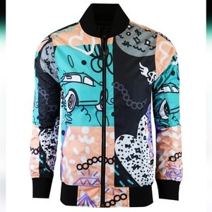 NWOT Black, white & pastel colors animation print windbreaker jacket